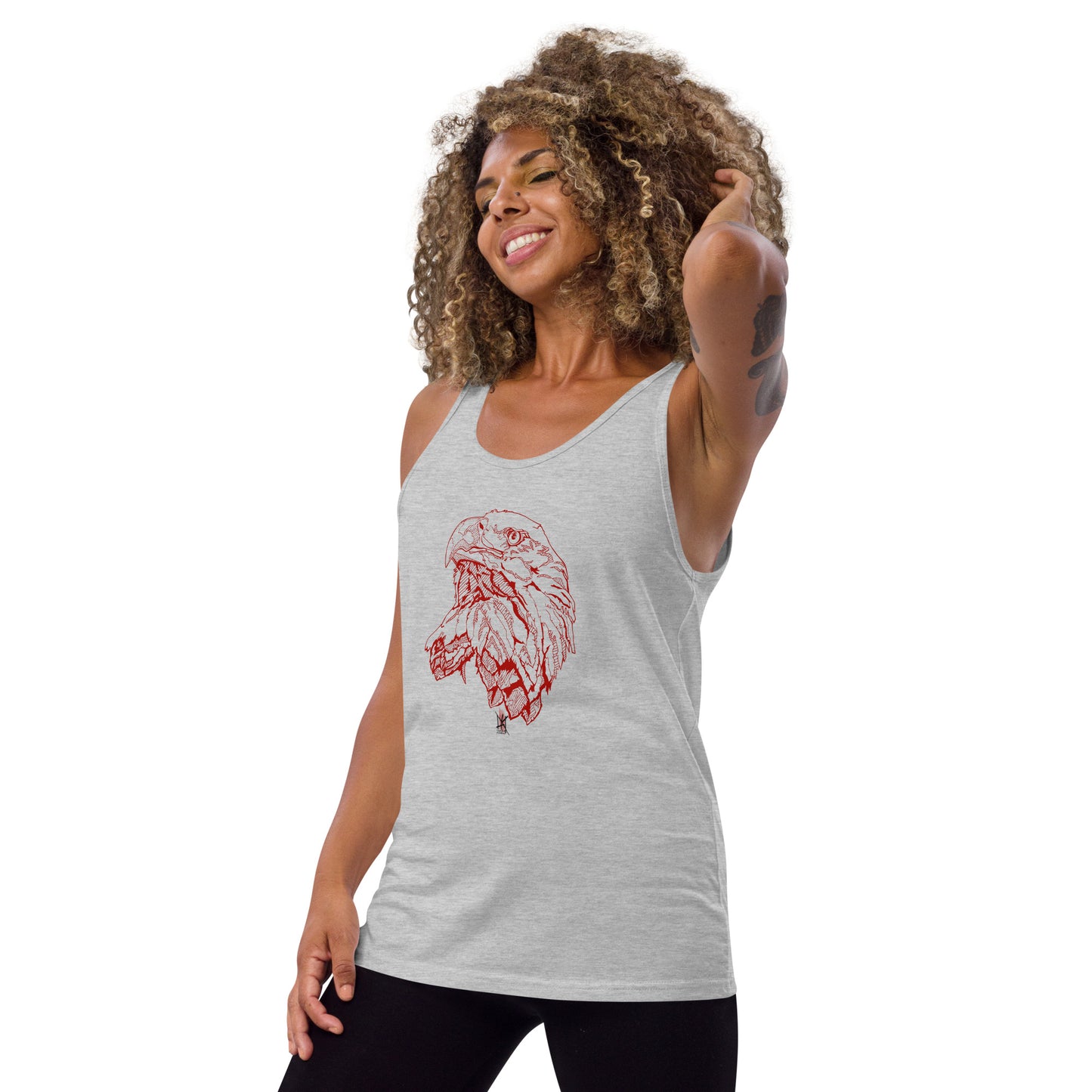 black women with tattoos wearing grey tank top with red eagle design on front